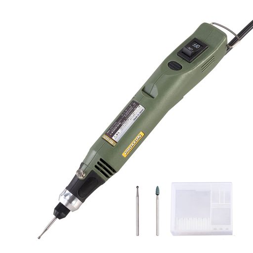 電源:100V・50/60Hz 消費電力:15W 回転数:16500min-1(回/分) 定格使用時間:15分 サイズ:長さ195mm・太さ径29mm 重量:150g 材質:ABS樹脂、鉄、アルミ セット内容:ダイヤモンドビット1本・ハイスビット1本・軸付き砥石1本・専用ケース1個・スパナ