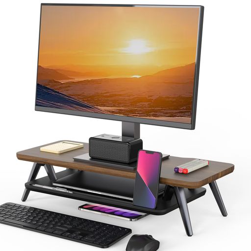 Fenge モニター台 机上台 パソコン台 机上ラック 2段 木製天板 アルミニウム製脚 ...