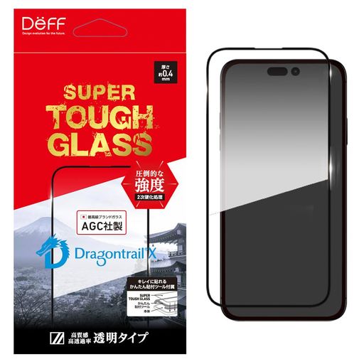 製品名:SUPER TOUGH GLASS for iPhone 15 Series 製品素材:AGC株式会社製化学強化ガラス Dragontrail(R)X(基材)、フィルム(飛散防止処理、粘着部) ガラス基材厚:0.4mm 硬度:モース硬度7以上 対応機種:iPhone 15 Pro / iPhone 15 / iPhone 16