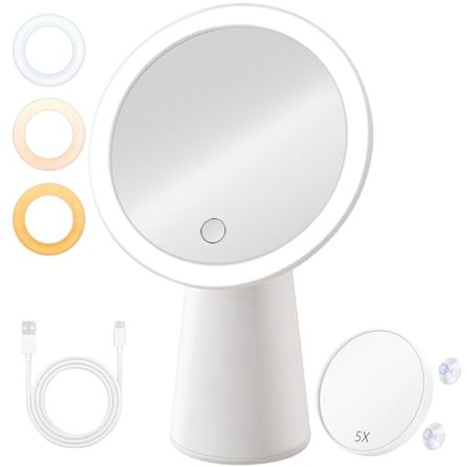 Athvcht卓上鏡化粧鏡女優ミラー卓上【三色ledライト・無段階輝度調整・拡大鏡5倍】ライト付きミラー折りたたみ卓上ミラーコンパクトUSB-C充電式卓上ミラータッチ式メモリー機能角度調整…