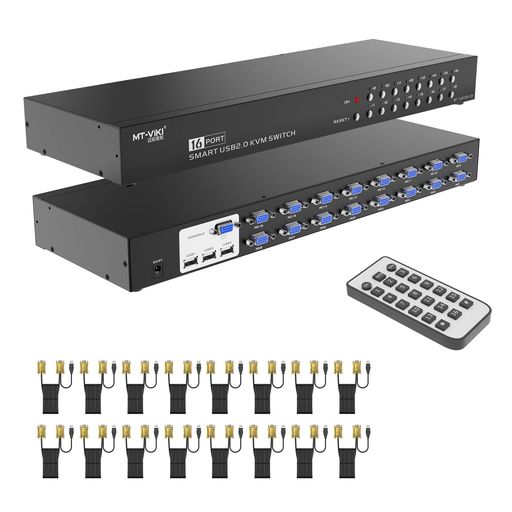 VGA KVMスイッチ 16ポート USB2.0 MT-VIKI 切替器 16入力1出力 KVMコンソール 16ポート マニュアル セレクター 1Uラックマウント対応 メタルボックスアダプター 16本のVGA USB KVMケーブル付き