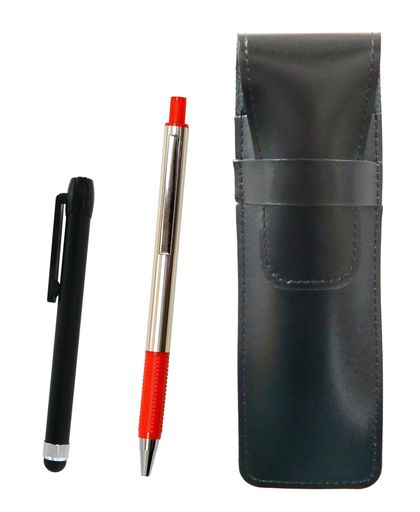 スリム牛革ペンケース黒メタルタッチ棒黒とFB325アルミストレートノックボールペンセット赤ASB-ALB-FB325-R