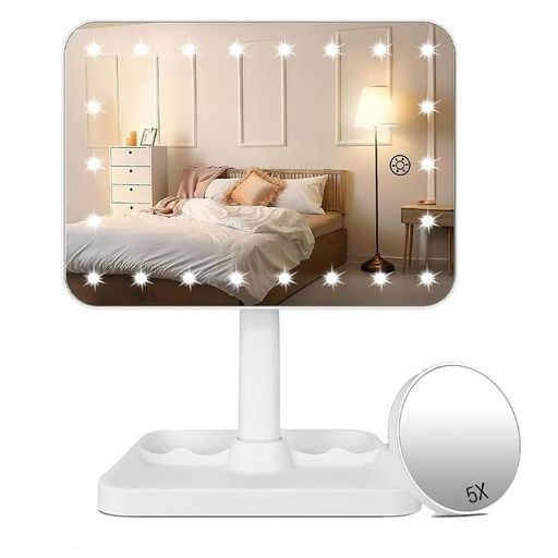 LEDライト付き鏡卓上女優ミラー充電式1800mAh内蔵バッテリー3光色調色可能昼光色・昼白色・電球色明るさ調整可能360°角度調整5倍拡大鏡付きホワイト(白)(4.0)