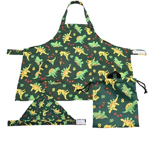 ヤクセル収納袋付きエプロン子供用3点セット身長90~120cm三角巾巾着調理実習Mきょうりゅうグリーン50517