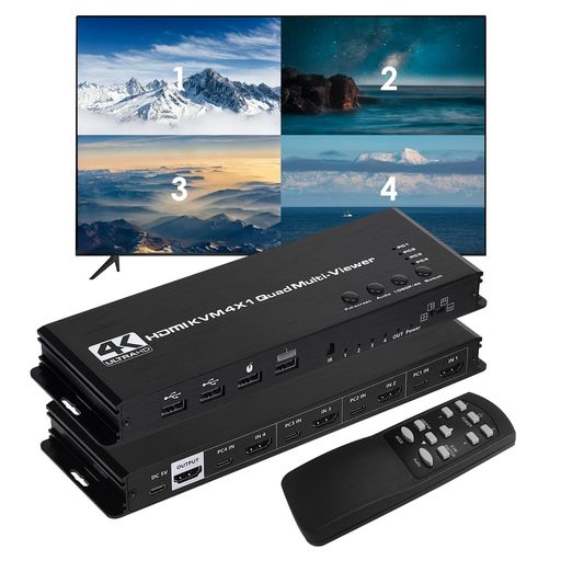 4K@30HzKVMHDMI画面分割切替器4入力1出力HDMIKVMスイッチ4画面分割/クワッドビュー/シームレス切替可能-4台PC共有マルチディスプレイ切替器