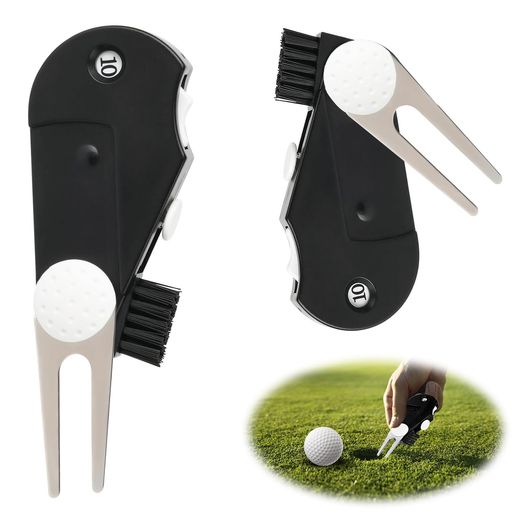 Golf - ゴルフフォーク多機能ゴルフディボットツールポケットクリップ付き折りたたみ式ゴルフフォークブラシストロークカウンター持ち運び便利フォークゴルフ小物