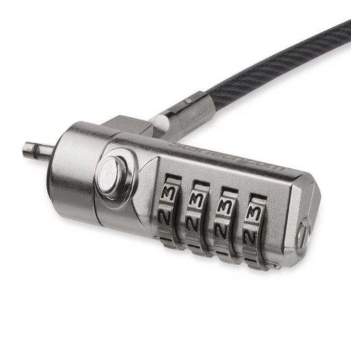 ノートパソコンその他の機器を盗難から守る4桁ダイヤル式ケーブルロック(暗証番号変更可能) 施錠中でも機器を動かせる回転ヒンジ ケンジントンロックスロット(K-Slot)搭載のノートパソコン、ドック、モニタ、その他のコンピュータ機器に対応 切断を防ぐビニールコート付きスチールケーブル(4.4mm径) 頑丈なロックヘッド