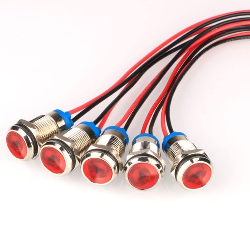 KILIGEN5個10mmAC/DC12-24VLEDメタルインジケーターライト防水信号ランプパイロットダッシュワイヤー付き指向性(赤)