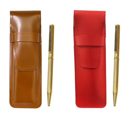 スリム牛革ペンケース赤茶セット真鍮六角回転ホリ金ボールペン金ASCR-6KSBP-K