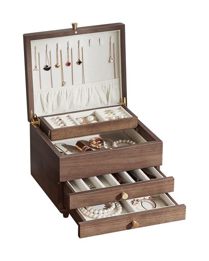 Homruilink木製ジュエリーボックス3段引き出し式|高級ブラックウォールナット製大容量ジュエリー収納ケース|ネックレス・指輪・イヤリング・腕時計・ブレスレット対応女性へのクリスマ…