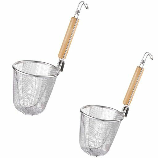 竹笼, 碗, 底盘 - 2個業務用 ラーメンてぼ キッチン用品 うどん 14cm 丸 湯切り ざる ステンレス製 木柄 フック付き メッシュ てぼ こし器 飲食店家庭用 業務用 麺 ラーメン専用(シルバー)