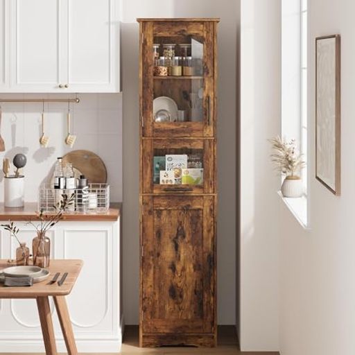 Tall Freestanding Bathroom Storage Cabinet – Glass Doors, Drawer, 4 Doors, Adjustable Shelves, Organizer for …