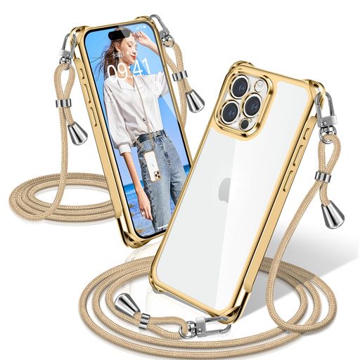Rakuten - XIOYATY用のiPhone16Proケースクリアショルダー耐衝撃アイフォン16Proカバー透明クロスボディショルダー電気メッキ加工ファッション設計長さ調整TPUスマホポータブル落下を防ぐ四隅の保護(ゴ…