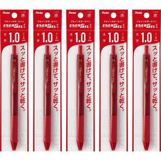 【特長】スッとかけてサッと乾くゲルインキボールペン 【インキ色】赤 【ボール径】1.0mm 【材質】軸・クリップ・ノック=再生PP、グリップ=エラストマー 【1本あたりサイズ/重さ】幅 16mm x奥行 11mm x 長さ 147mm/12g