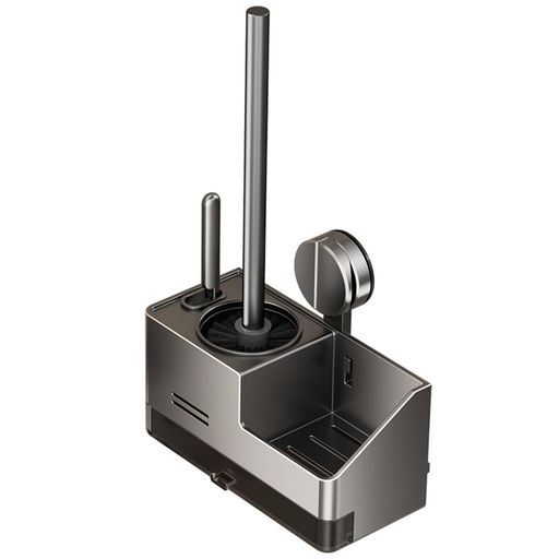 【アルミ製】壁掛け式トイレブラシ収納ケース吸盤式取り付けグレー収納ボックス付き防水抗菌省スペース..