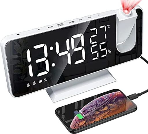 KKYOYREプロジェクション投影時計置き時計デジタル目覚まし時計寝室用LED大画面FMラジオ音量調節可能温度と湿度の電子時計USB給電式四段階輝度調節180°回転投影おしゃれスマホに充電可能