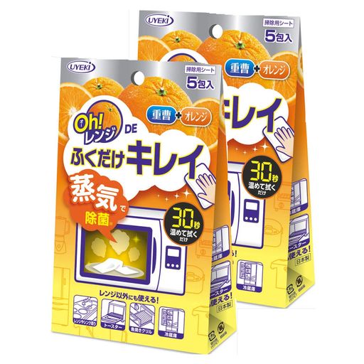 電子レンジで温めて拭き取るだけの簡単、便利なお掃除シート。 蒸気で汚れを浮かし、重層とオレンジオイルのW効果で電子レンジ庫内のベタつきもサッと拭き取れます。 業務用の清掃シートにも使用されているメッシュシートだから汚れのかきとり効果に優れています。2度拭き不要で、汚れを落としてしっかり除菌もできます。食品を扱うキッチンまわりでもお使いいただけます。 【内容量】5枚x2個 【原産国】日本