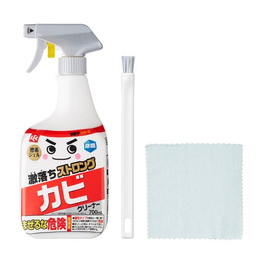汚れの正体に応じて有効成分を配合、汚れを分解して激落とす強力洗剤 ストロング洗剤+丸ブラシ+マイクロファイバーのお掃除スペシャル3点セット 水酸化ナトリウムが次亜塩素酸塩の浸透をサポートし、黒カビ汚れを強力分解。 除菌剤配合※すべての菌を除菌できるわけではありません。 大容量700mLでたっぷり使える。