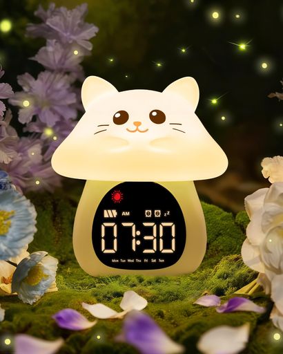 子どもの睡眠リズムを育む 独立ライトスリープトレーニング – このスリープトレーニング時計には、アラーム音とは独立して動作する専用のライトトレーニングボタンがあります。点滅する太陽アイコンの緑色ライトで「起きる時間」、点滅する月アイコンの青色ライトで「寝る時間」をやさしく知らせます。音のないシンプルな方法で子どもの生活リズムをサポートします。 平日&amp;7日モード対応のダブルアラーム – この子ども用目覚まし時計は、2つのアラームを異なるルーティンに設定できます。平日モードは学校の朝用、7日モードは毎日のリマインダー用。5分間のスヌーズ機能で、子どもは少し余分に休むことができます。 ナイトライト&amp;RGBカラーモード – 子ども用目覚まし時計としてだけでなく、癒しのナイトライトや楽しいRGBランプとしても使えます。タップすることで色を切り替え、5つの照明モードから選択可能:50%暖色、100%暖色、グラデーションモード、7色単色、オフ。 癒しのサウンド&amp;音量調節可能 – スリープトレーニング時計には、6種類のアラーム音とホワイトノイズオプション、8段階の音量調節機能が搭載されています。