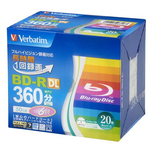 品種:録画用BD-RDL(50GB) 1回録画用 録画時間:地デジ360分/BSデジタル260分 盤面印刷:○(ホワイト)/範囲:22mm-118mm(ワイド) 倍速:1-6倍速ケース:5mmスリムケース入り数:20時枚