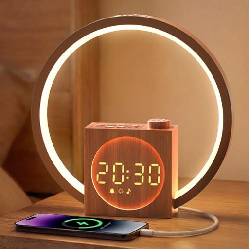 Dreamegg光目覚まし時計間接照明ホワイトノイズマシン25種癒し音おしゃれ【12種雰囲気ライト&7種アラーム音&スマホの充電可】木目調タイマー置き時計目覚ましライトスヌーズ騒音対策タッ…