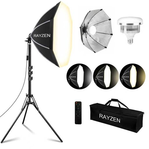 八角 - RAYZENソフトボックス50cm八角形85WLEDライト三色LED調光(3000K-6000K)照明キット照明撮影リモコン・収納バッグ付三脚スタンド(38-160cm)写真撮影ライト撮影ライト撮影照明