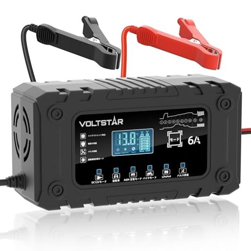 【2025年進化版・10段階スマート充電】 VOLTSTARバッテリー充電器は、全10ステージのフルオート充電プロセスを搭載。バッテリーの状態に応じて電圧と電流を自動調整し、安全かつ効率的にフル充電まで導きます。 10段階の充電ステージ: 診断 右向き矢印 ブースト充電/昇圧充電 右向き矢印 トリクル充電 右向き矢印 ソフトスタート 右向き矢印 定電流123 右向き矢印 定電圧 右向き矢印 テスト 右向き矢印 パルス修復 従来モデルを上回る高度な制御で、鉛蓄電池やLiFePO4電池の性能を最大限に引き出します。 【劣化バッテリーも復活!パルス修復モード】 長期間未使用や電圧低下により劣化したバッテリーも、「パルス修復モード」で自動修復。サルフェーションの除去を促進し、バッテリー寿命を延ばします。 【多様なバッテリーに対応】 AGM・GEL・EFB・ディープサイクル・通常鉛蓄電池はもちろん、LiFePO4(リン酸鉄リチウム)にも対応。車・バイク・農機・小型船舶・建設機械など幅広い用途で活躍。 【LCDインテリジェントディスプレイ】 電圧・電流・温度・残量・充電モードをリアルタイムで表示。満充電、パルス修復モード、エラーなど各ステータスも一目で確認できます。
