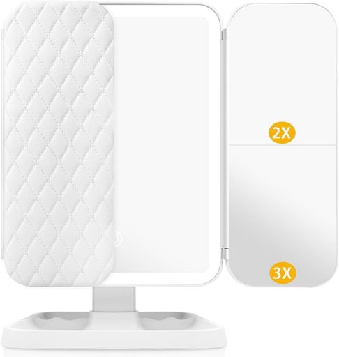 Auxmir女優ミラー三面鏡卓上鏡52個LEDライト付き拡大鏡2/3倍3光色卓上ミラーUSB充電タッチ式明るさ調節可能鏡ガラス取扱注意折りたたみ化粧180°回転メイク角度調整収納スペースホワイト