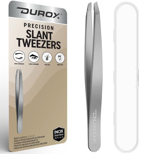 DUROX精密ピンセット(先斜め)/ステンレス毛抜き|極薄先端x精密先合わせで眉毛・産毛・はみ出た毛・青髭・スタブルを除去/男女兼用