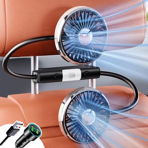 SMARTABL2026新型車載扇風機車載ファンシガーソケット/USB両用後部座席360度回転LEDライド付き3段階風量長配線扇風機車ヘッドレストファン双頭タイプ静音性アップ取付簡単父の日ギフトドラ…