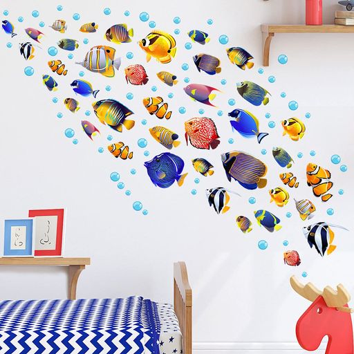 熱帯魚 ウォールステッカー, 60x30cm 2枚セット, カラフルな魚と泡の装飾, 浴室・...