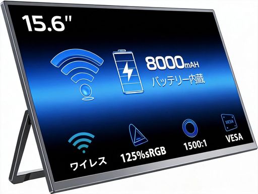 ワイヤレス モバイルモニター 15.6インチ 8000mAhバッテリー内蔵 Vimonic モバイルディスプレイ 無線接続 1080P フルHD 自立型スタンド ポータブルモニター 非光沢IPS液晶パネル 薄型軽量 VESA対応…