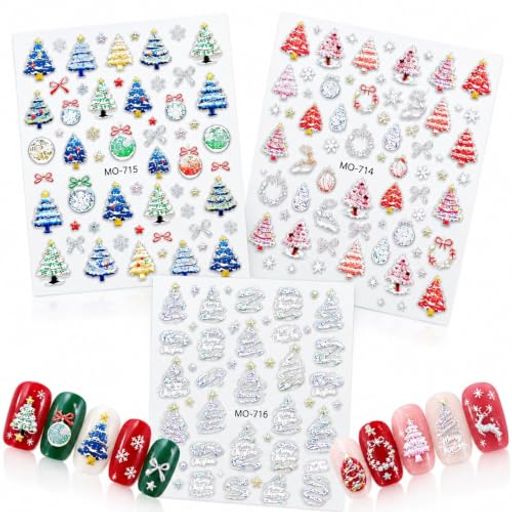 商品仕様:商品名: クリスマス立体ネイルシール、セット内容: 3枚セット、デザイン: 3種類、特徴: 立体感のあるエンボス風デザイン クリスマスデザイン・3枚セット:クリスマス気分を指先から楽しめるネイルシール3枚セットです。クリスマスツリーを中心に、クリスマスボール、リース、雪の結晶、リボン、星、トナカイなど、冬らしいモチーフを豊富に収録。3枚それぞれ色合いやデザインの雰囲気が異なり、その日のネイルカラーやコーディネートに合わせて自由に組み合わせて楽しめます。 ぷっくり立体感のあるエンボス風デザイン:平面的なプリントだけではなく、模様に立体感を持たせたエンボス風の仕上がりが特徴。クリスマスツリーの飾りやリボン、オーナメントなどの細かなモチーフが指先のアクセントになり、シンプルなワンカラーネイルに貼るだけでも華やかな印象に。クリスマスシーズンならではの特別感を演出できます。 3種類の雰囲気を楽しめる:ブルー・グリーン・ゴールドを取り入れた華やかなツリーデザイン、レッド・ピンク・シルバーを基調とした可愛らしいデザイン、光の角度によってきらめくようなオーロラ調のホワイト&amp;シルバー系デザインをセット。