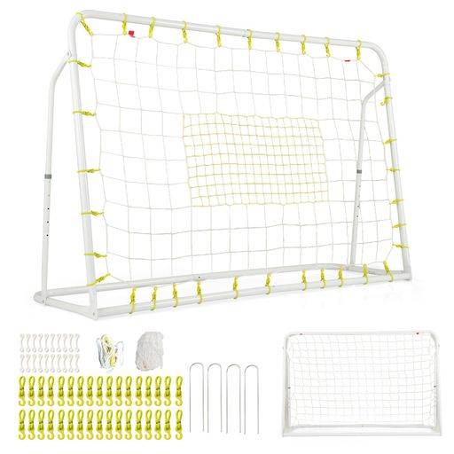 ⚽本体サイズ:長さ187 x 幅60 x 高さ102-122.5 cm / 素材:金属、PE、プラスチック / リバウンドネットのサイズ 長さ80 x 幅41 cm / 本体重量:8キロ ⚽捆包内容:1 x サッカーゴールフレーム、2 x サッカーネット、34 x 弾性留め具、20 x バックル、4 x グラウンド杭 🥅【多機能デザイン】このサッカー練習セットは、リバウンドネットとしてもサッカーゴールとしても利用できる2-in-1のデザインです。子供たちがシュート精度を高めるだけでなく、ゴールキーピング技術も向上させるための理想的なアイテムです。多様なトレーニング方法を提供し、サッカーへの情熱をさらに引き出します。 🥅【高さ・角度調整】練習に応じて5段階の高さ調整(102~122.5cm)が可能で、子供の成長に合わせて最適なポジションを見つけることができます。また、角度は90°、81°、73°、65°、57°から選べるため、異なるシュートやリバウンドのトレーニングが行えます。これにより、より効果的な技術向上が期待できます。