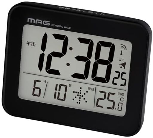 Alessi - MAG(マグ)目覚まし時計置き時計小型小さいデジタル電波時計温度計カレンダー電子音アラームスヌーズライトブラックファルマンT-776BK-Zノア精密