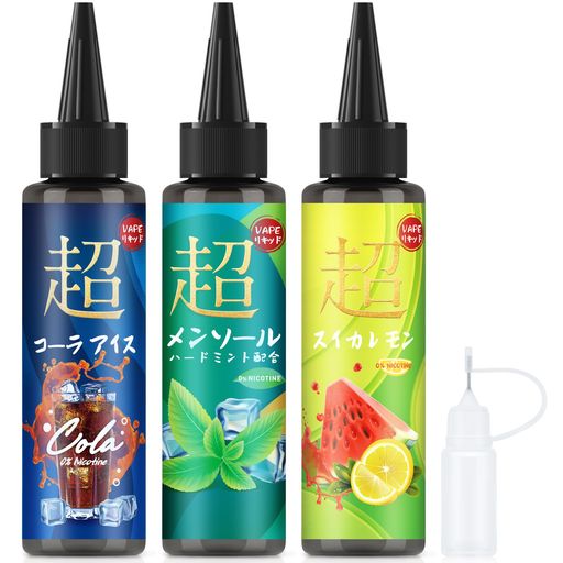 【3種風味を一挙に揃え】超メンソール、コーラアイス、スイカレモンの3本セット、禁煙予定の方、ダイエット、口寂しさを緩和したいなどの方にオススメ。 【大容量で最強のコスパ】各種VAPE対応できるリキッドセット、60mlx3本で計180mlの超大容量です。紙巻きたばこに換算するとなんと90箱分、お財布にやさしい超お得。( ※リキッド0.1mlで紙巻きタバコ1本分として計算) 【美味しく味わえる】VG50%:PG50%、煙の量とフレーバーのバランスの良い比率、リキッド自体の美味しさを最大限体験できます。世界各地から厳選した香料原料を使用、ニコチン・タール無し、化学成分・有害物質は一切使用しておりません、タバコの嫌な臭い0。 【便利な目盛付きボトル】再利用できる目盛付きボトルはねじ込み式キャップつき、しっかりと密閉されており、液漏れ防止できます。さらに10mlのニードルボトル付き、普段使いでも電子タバコリキッドの調合や持ち運び等にも便利です。 【製品保証】製品出品時には慎重に検品してお届けしておりますが、届いた商品が万が一不具合、気になる点がございましたらいつでもご連絡くださいませ。