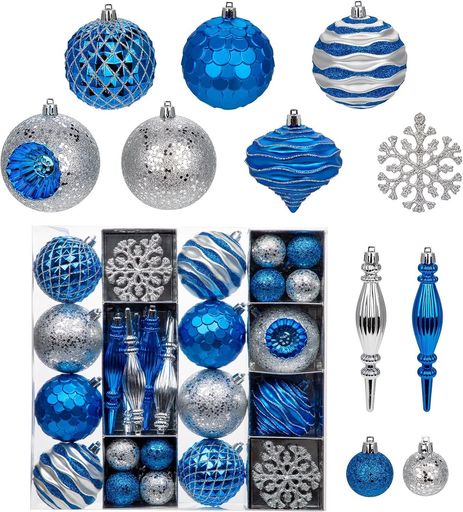 🎄【50 個セット】クリスマスオーナメント計 50 個入りの豪華セットです。8cm 大玉・5cm 小玉、つる形オーナメント、雪の結晶飾りなど多種多様な形状が揃っており、大小組み合わせることでツリー全体に奥行きのある華やかさを演出します。一セットでツリー飾りの準備が完了します。 🎄【洗練されたカラーバランス】深みのあるブルーと輝きのあるシルバーを基調とした配色です。クールでモダンな雰囲気が特徴で、落ち着いた大人っぽいクリスマス空間を作り上げます。モダンインテリアはもちろん、シンプルなお部屋にも美しく馴染みます。 🎄【立体感あふれる多様なテクスチャー】表面にはグリッター、鱗模様、幾何学カット、波型ラインなど様々なデザインを採用。光が当たる角度によって輝き方が変わり、艶あり・艶消し・ラメ素材が組み合わさり、単調にならない豊かな表情を楽しめます。 🎄【丈夫な素材・大活躍】耐久性に優れたプラスチック素材を使用しており、割れにくく軽量です。毎年クリスマスシーズンに繰り返しお使いいただけ、収納しやすいのも魅力です。