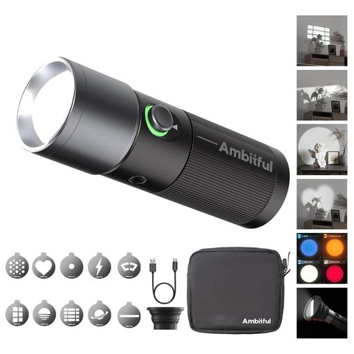 【4色のカラーモード、幅広いシーンに対応】 Ambitful LED写真用フラッシュライトは、サンセットオレンジ、コールドブルー、ウォームホワイト、スカーレットレッドの4つの鮮やかなカラーモードを搭載。ワンタッチで切り替え可能で、アンビエントライトやムードライト、プロ仕様のビデオ・カメラ照明に最適です。ダイヤルを回すだけで10段階の明るさ調整ができ、あらゆるシーンに理想的な照明効果を演出します。 【ライティングキットでクリエイティブ性を発揮】 10個のシャドウゴボが付属し、ポートレート、アクションショット、自撮りなど無限のクリエイティブな表現を実現します。2メートル以内の暗い屋内での使用で最適な結果が得られます。ライトディフューザーを使用すれば、高品質なコントラストのある光を、より柔らかく魅力的な光に変え、部屋全体に広げることができます。 【8400mAh超大容量バッテリー】 充電式リチウムイオンバッテリーを内蔵し、最大輝度で240分間、低輝度なら一日中撮影を続けられます。長時間のロケーション撮影でも安定したパフォーマンスを提供し、バッテリー残量を気にすることなく撮影に集中できます。