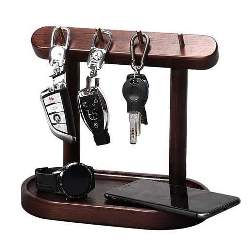 キースタンド木製キーフック鍵置き時計掛けカードホルダージュエリースタンドアクセサリースタンド小物収納玄関キー収納携帯電話収納コイン収納木製見せる収納ナチュラル(ブラウン)