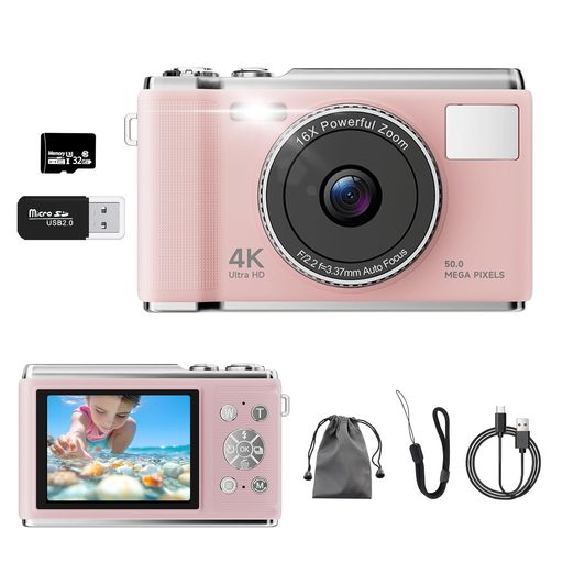 Digital Camera - デジカメ【4K動画撮影、アップグレードされた真の50MP画像】デジタルカメラ32GBMicroSDカード付きAFオートフォーカスコンパクトカメラ2.83インチの大画面16倍ズームフラッシュ手振れ補正機…