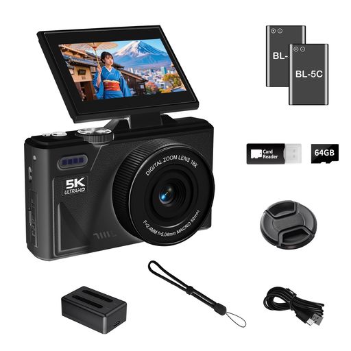 ビデオグラフィー、修学旅行、ブイログ 【UHD 5Kビデオと75MP写真、フリップスクリーン搭載】この5Kデジタルカメラは、高度なCMOSセンサーを搭載し、鮮やかな色彩とシャープなディテールで、息を呑むような5K UHDビデオと75MPの超クリア写真を撮影できます。このミニデジタルカメラのサイズはわずか4.53x1.81x2.7インチ、重さは0.39ポンドです。3インチの180°フリップスクリーンで、あらゆるショットを簡単にフレーミングし、完璧なセルフィーやVlogを撮影できます。忘れられない瞬間を捉える、旅行やYouTubeに最適なカメラです。 【WiFi転送&amp;ウェブカメラ】Wi-Fi接続機能搭載のVlogカメラなら、写真や動画をスマートフォンやタブレットに簡単に転送し、ソーシャルメディアですぐに共有できます。また、ライブストリーミング、ビデオ通話、ブログ作成用のウェブカメラとしても機能するため、いつでも大切な瞬間を捉えて共有したいコンテンツクリエイターやVloggerに最適です。