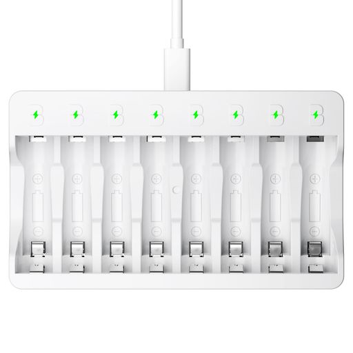 「急速充電&amp;仕様」入力:DC 5V / 2A 出力:DC 1.2V 単三1800mA 単四900mA 付属品:USB-Cケーブル 最新の技術を採用され、急速モードで大変な時間を節約できます。 「多種類対応&amp;独立充電」単三単四を同時に対応でき、1本から8本まで自由に混在して充電できます。8つのスロットが独立して動作し、1本でも充電でき、他のチャンネルに影響を与えない充電に対応できます。各スロットは独立充電できます。 「LED搭載&amp;一目瞭然」LED搭載で8つスロットの充電状態を表示され、1本ずつの充電状態をお知らせ 。電源接続:電源ランプ赤(1秒)右向き矢印緑(1秒)右向き矢印消灯;赤:充電中;緑:フル充電;エラー:赤点滅 「放熱設計&amp;長持ち」スマートな放熱のデザインで電池が充電時に発生した熱を散発することができます。電池の充電時に発熱の場合がありますが、これらは正常な現象です。放熱の設計でこのような状況を削減できます。充電池はもっと長持ちになります。 「安全保護」過熱保護/短絡保護/過放電保護/過満電保護/過熱保護/過電圧保護/過充電防止/異常時自動電源オフ等安全保護を搭載されます。