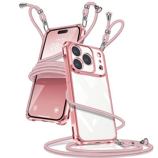 Rakuten - Muciyazi用のiPhone17ProMaxケースクリアショルダーカバー肩掛け斜めかけ縄掛けケース透明薄型軽量TPU携帯ケース紐付き斜めがけ織りストラップ付き長さ調整可能取り外し可能落下防止紛失防止