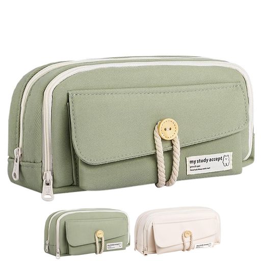 ペンケース筆箱ポーチボタンデザイン大容量大きく開く分類収納多機能ペンホルダー付き消しゴム化粧品収..