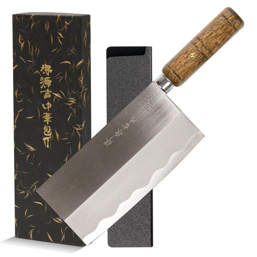 両刃(左右兼用)の中華包丁。 [サイズ](全長)約28.8cm、(刃渡り)約17.5cm、(刃幅)約8.5cm、(持ち手厚み)約2.9cm [重量]約269g