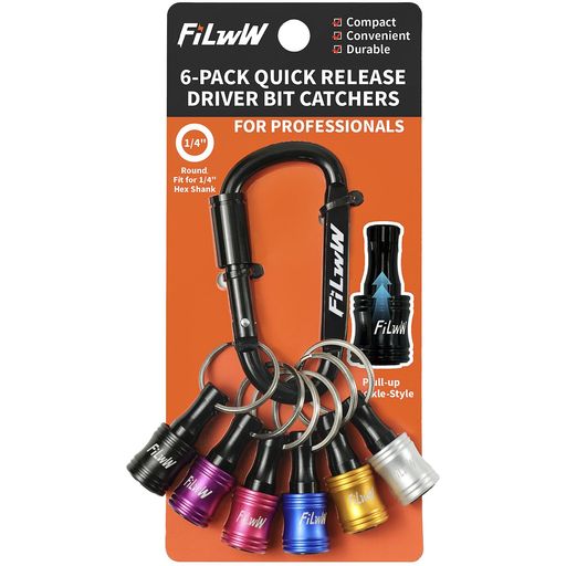 🔶【ポータブルストレージツール】FILWW ビットホルダーキーチェーンツールは、ほとんどの1/4インチの六角ビットとソケットに適合し、電動または手動モーターと互換性があります。これにより、契約者、建設業者、大工、DIY愛好者、および高所作業を行う専門のメンテナンス作業員に適しています。高所作業に最適なツールオーガナイザーであり、男性、便利屋、建設業者、電気技師、メカニックへの実用的な贈り物です。 🔶【強化されたアップグレード】ドリルビットソケットアダプターは、マット仕上げで6色のカラーバリエーションがあり、簡単に識別できます。デュアルテクスチャーの滑り止め設計により、安定した操作を確保し、ドリルビットが落下するのを防ぎます。内部スプリングは強化され、持続的な弾力性を保ちます。新しいキーチェーンのカラビナはよりスムーズで使いやすく、全体的な構造がより頑丈で耐久性があります。 🔶【作業を容易にする】ビットホルダーは高品質のアルミニウム合金で作られており、頑丈で耐久性があります。ドリルビットストレージユニットの機能的なボールベアリングブレーキシステムは、最大1.1ポンドのドリルビットを安全に保持し、落下を防ぎます。
