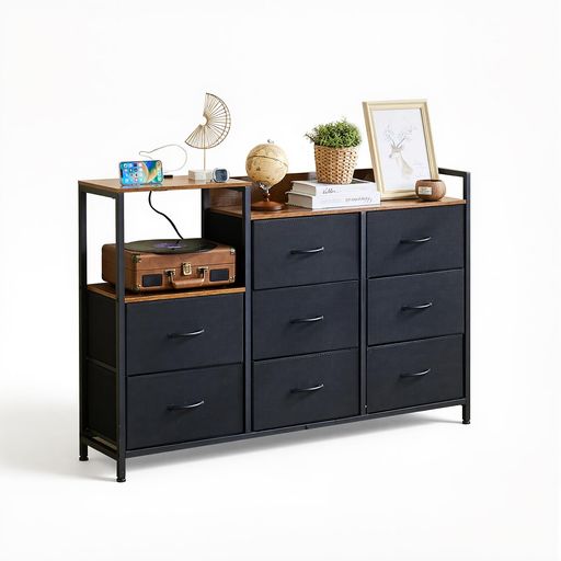 【商品仕様】製品サイズ:幅132奥行30高さ88cm 引き出しサイズ:幅40.5奥行29高さ21.5cm 耐荷重:30kg 附属品:分かりやすい取り扱い説明書が同梱されております。 【収納力抜群】8個の引き出しで幅広く仕分け収納可能です。洋服、生活雑貨、文房具などを分類して整理でき、収納物の混乱を防ぎます。オープンスペースには頻繁に使う物品を置くことができ、手元からすぐ取り出せる利便性を実現しています。 【天板充電機能】天板前段に充実した充電機能を搭載しております。3個のコンセントと2個のUSB充電ポートを備えています。スマホやノートパソコンなども同時に充電可能で、日常の充電ニーズにスムーズに対応します。 【安定な構造】丈夫なスチール製フレーム構造により、タンスの揺れを最大限に抑え、いつでも安心かつ安全にご利用いただけます。天板にはメラミン加工が施されており、水濡れや摩耗に強い特性を備えているため、日常のお手入れが非常に簡単で、耐久性にも優れています。 【木目調デザイン】収納タンス・チェストは、木目調のおしゃれなデザインを採用しています。和風、西洋風、北欧風など、様々なインテリアに自然に溶け込みます。