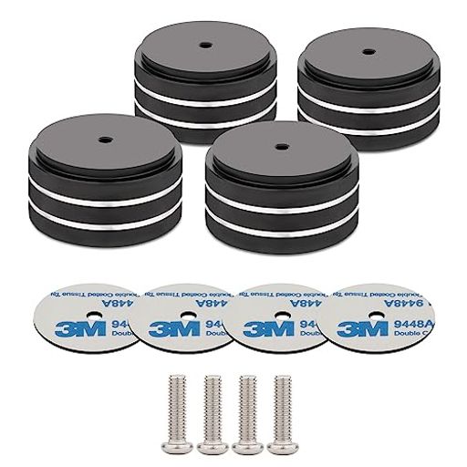 【サイズ】スピーカー用インシュレーターは直径約40cmx厚さ約20cmです。各スピーカーフィート・セットは、約200kgの重さに耐えられします。 【製品特性 】アンプやスピーカーなどの音響機器が音を出す時に生じる振動を抑え、共振現象で生じるハウリングを防止できるインシュレーターです。アイソレーションフットの下部にある柔らかいゴムは、振動を吸収し、音質がアップします。 【材質】オーディオインシュレーターはアルミ合金製で 、軽くて丈夫!! アルトマイト加工で耐摩耗性&amp;耐腐食性抜群します!! 【取り付け簡単】音響機器の底面に取り付けることで音質UP!!3M両面テープ・ネジ止め両対応で取り付け簡単です!!※ネジ固定はM4サイズネジです。 【適用範囲】オーディオ用インシュレーターの標準サイズは完全にほとんどのスピーカー、アンプ、楽器、機器、ターンテーブル、CD DVDプレーヤー、DACなどに適しています。音響機器のサイズに合わせ使用個数調整可能です。