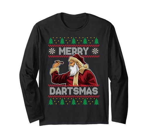 サンタクロースがダーツを投げます。 メリークリスマスではなく「Merry Dartsmas」! サンタはダーツボードでブルズアイをヒットしますか? アメリカンダーツ、クリケット、ダーツボール、ダーツゴルフ、芝生ダーツが好きな方への、面白いクリスマスの引用句のギフトアイデア。 ピクセル化された花や雪片などのホリデー要素を備えた醜いクリスマススタイルを特徴とする駄洒落です。 長袖tシャツ