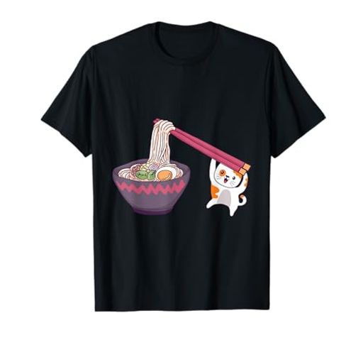 ラーメン丼を食べるかわいいカワイイアニメ猫Tシャツ